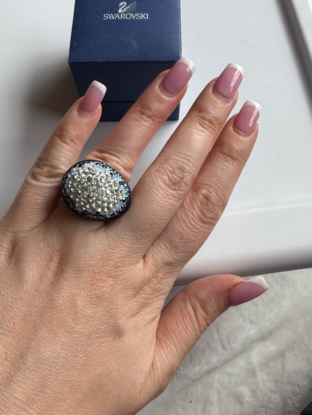 Swarovski Dome Ring with Silver Crystals and Black Accents